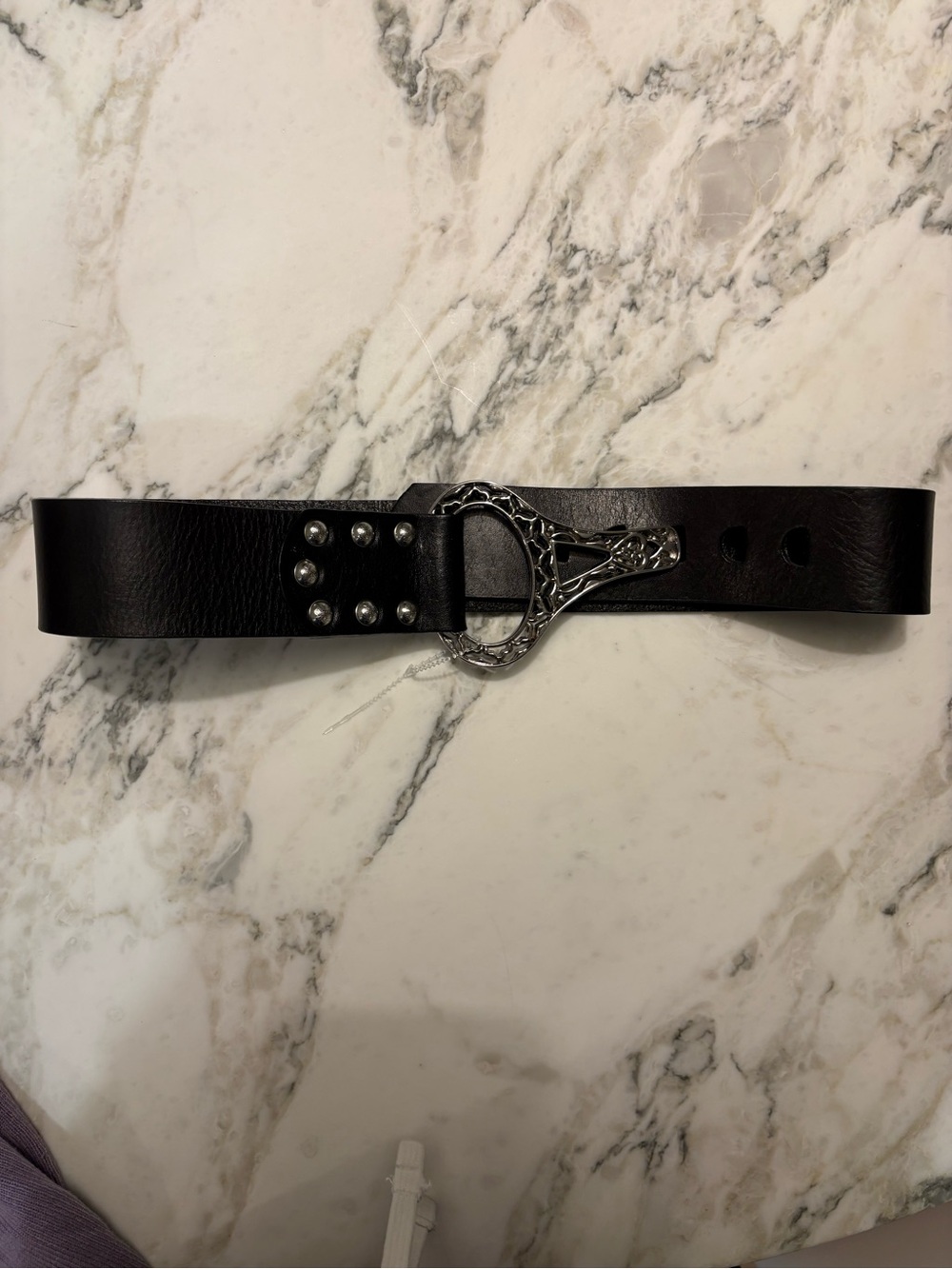 Chico's Black Leather Belt with Ornate Silver Buckle